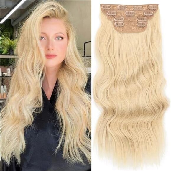 4PCS Clip in Long Soft Hair Extensions Synthetic Light Blonde